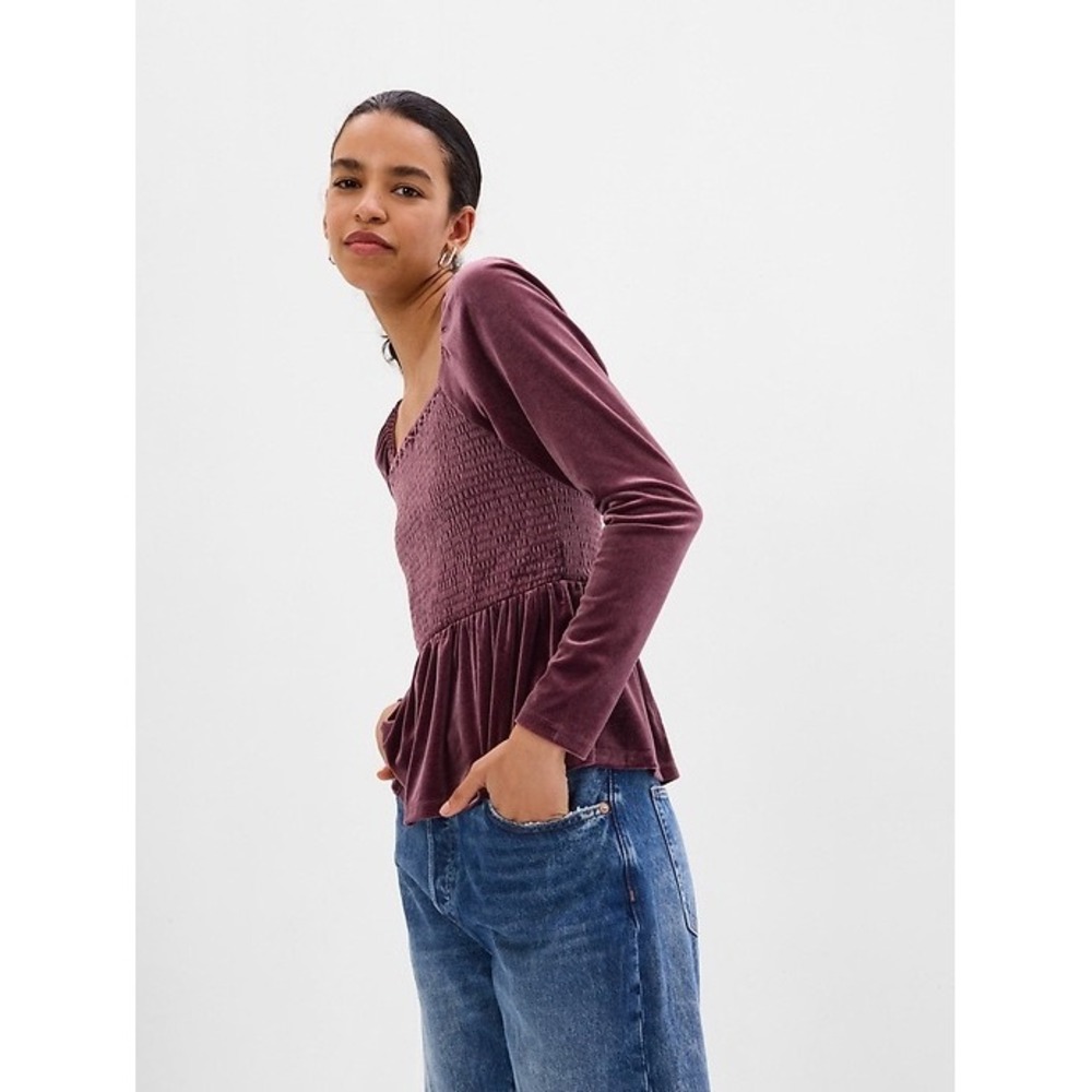 Gap Puff Sleeve Smocked Peplum Velvet Top in Maroon Purple, Women's Size XL